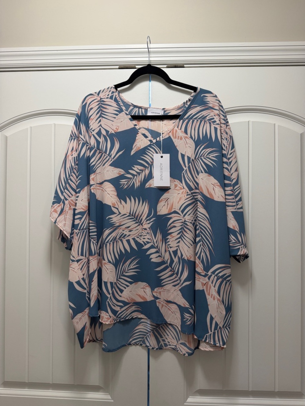 Adrienne Blue Tunic with Blush Palm Print